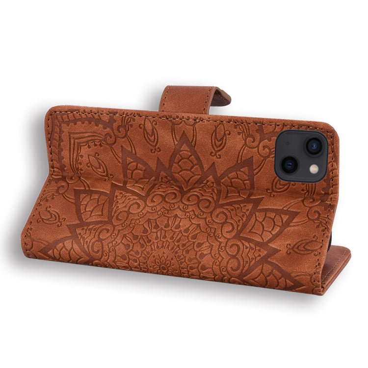 For iPhone 15 Pro Mandala Embossed Dual-Fold Calf Leather Phone Case(Brown) - HoMEdemic™ 