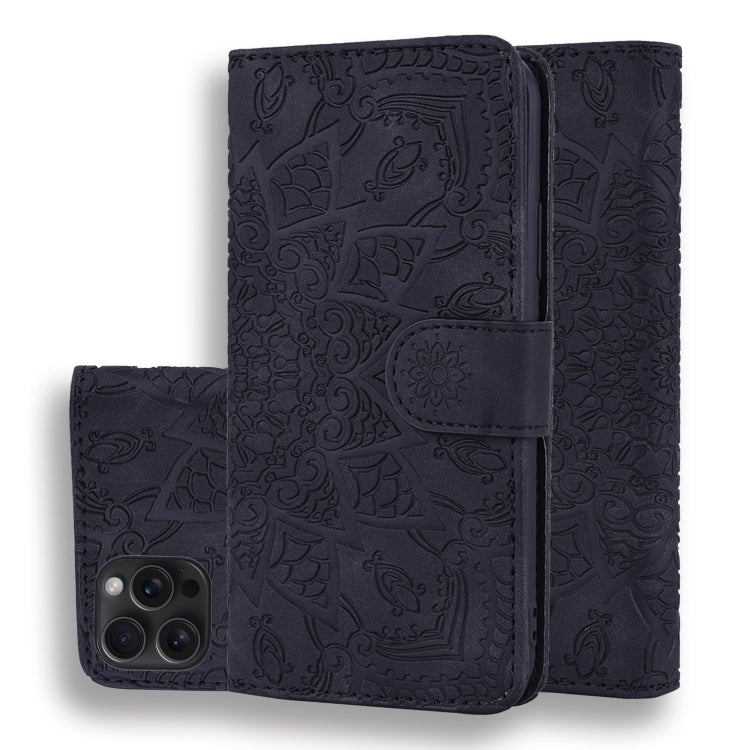 For iPhone 15 Pro Max Mandala Embossed Dual-Fold Calf Leather Phone Case(Black) - HoMEdemic™ 