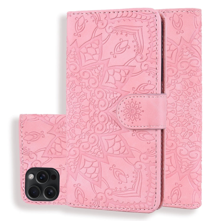 For iPhone 15 Pro Max Mandala Embossed Dual-Fold Calf Leather Phone Case(Pink) - HoMEdemic™ 