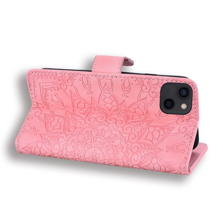 For iPhone 15 Pro Max Mandala Embossed Dual-Fold Calf Leather Phone Case(Pink) - HoMEdemic™ 