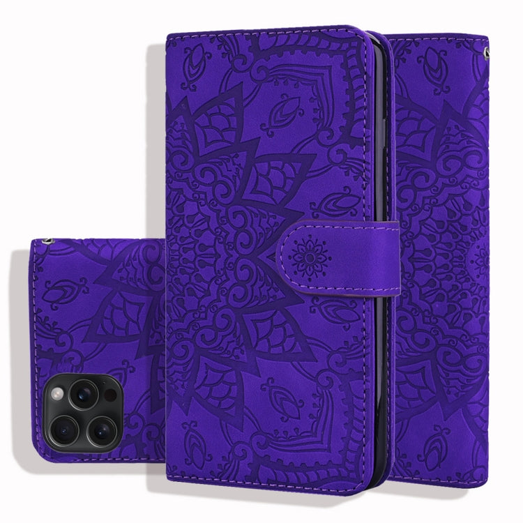 For iPhone 15 Pro Max Mandala Embossed Dual-Fold Calf Leather Phone Case(Purple) - HoMEdemic™ 