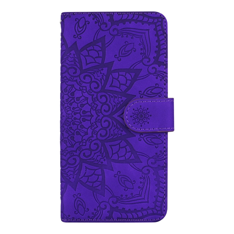 For iPhone 15 Pro Max Mandala Embossed Dual-Fold Calf Leather Phone Case(Purple) - HoMEdemic™ 