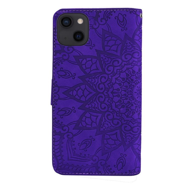 For iPhone 15 Pro Max Mandala Embossed Dual-Fold Calf Leather Phone Case(Purple) - HoMEdemic™ 