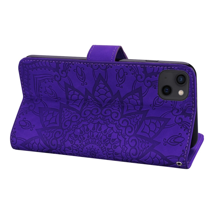For iPhone 15 Pro Max Mandala Embossed Dual-Fold Calf Leather Phone Case(Purple) - HoMEdemic™ 