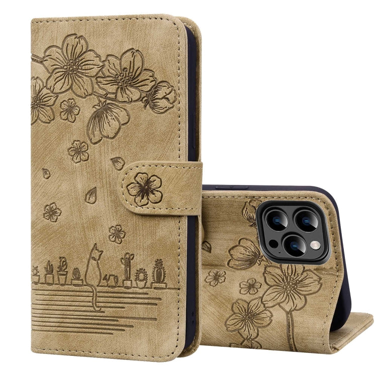 For iPhone 15 Pro Cartoon Sakura Cat Embossed Leather Phone Case(Brown) - HoMEdemic™ 