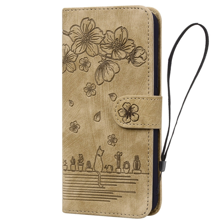 For iPhone 15 Pro Cartoon Sakura Cat Embossed Leather Phone Case(Brown) - HoMEdemic™ 