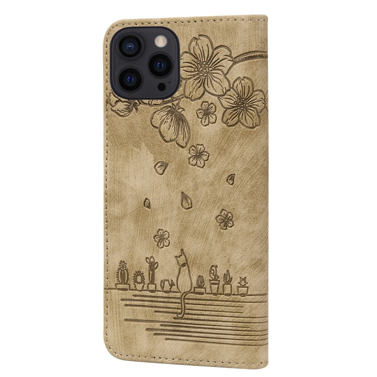 For iPhone 15 Pro Cartoon Sakura Cat Embossed Leather Phone Case(Brown) - HoMEdemic™ 