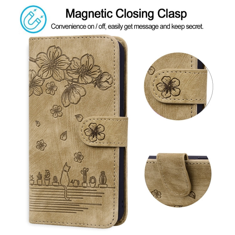 For iPhone 15 Pro Cartoon Sakura Cat Embossed Leather Phone Case(Brown) - HoMEdemic™ 