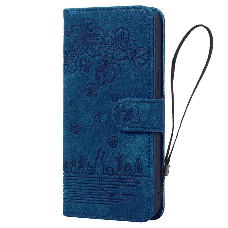 For iPhone 15 Pro Cartoon Sakura Cat Embossed Leather Phone Case(Royal Blue) - HoMEdemic™ 