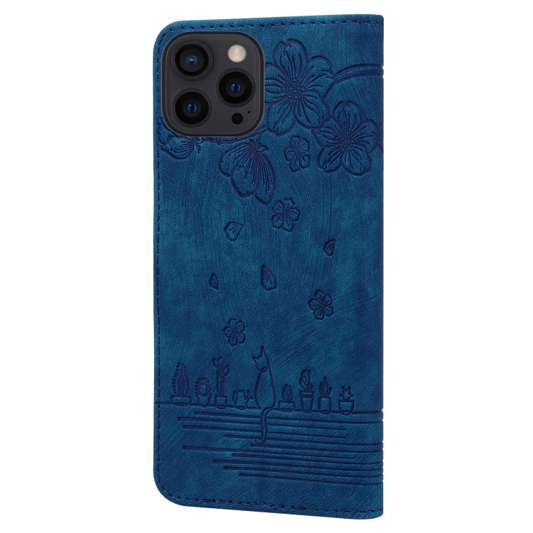 For iPhone 15 Pro Cartoon Sakura Cat Embossed Leather Phone Case(Royal Blue) - HoMEdemic™ 