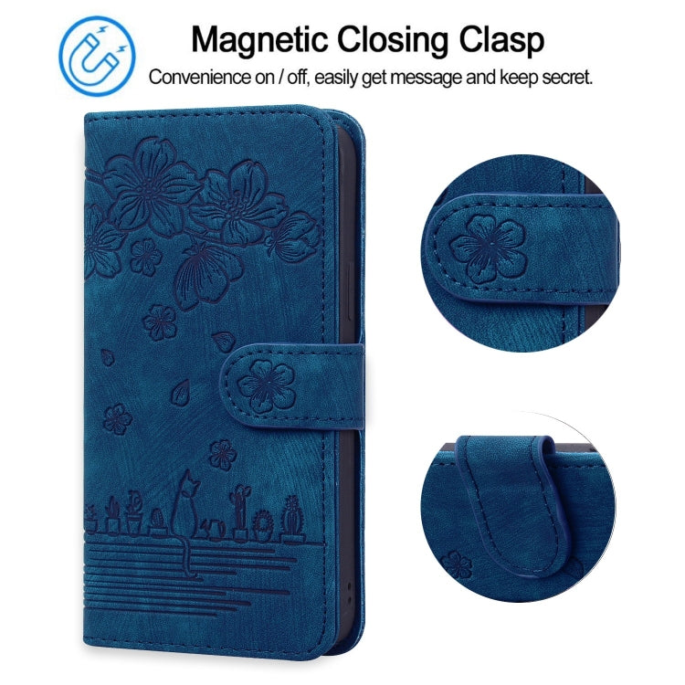 For iPhone 15 Pro Cartoon Sakura Cat Embossed Leather Phone Case(Royal Blue) - HoMEdemic™ 