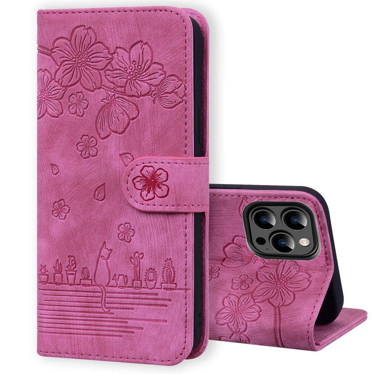 For iPhone 15 Pro Cartoon Sakura Cat Embossed Leather Phone Case(Rose Red) - HoMEdemic™ 