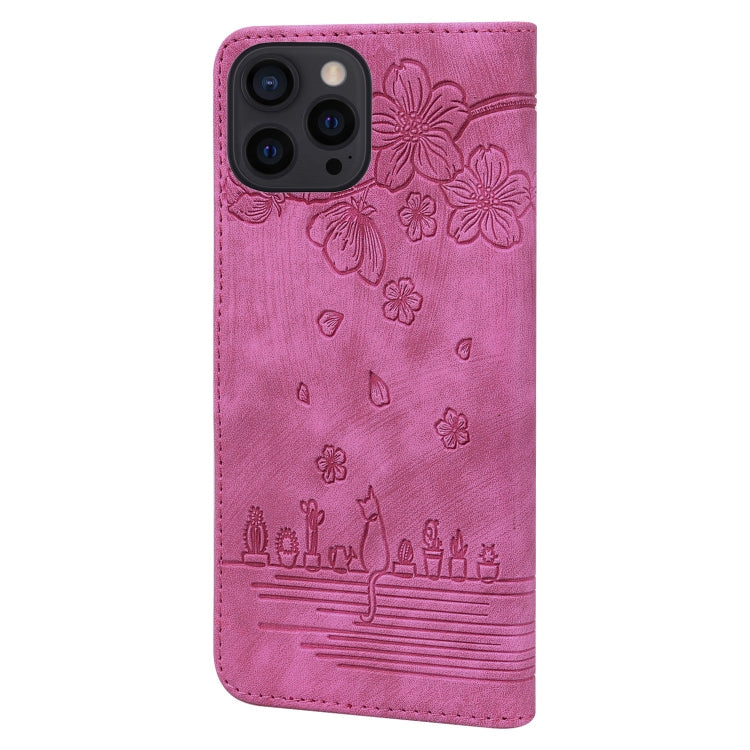 For iPhone 15 Pro Cartoon Sakura Cat Embossed Leather Phone Case(Rose Red) - HoMEdemic™ 