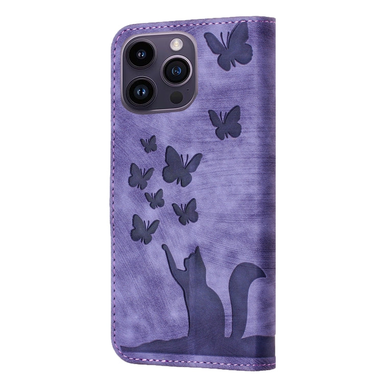 For iPhone 15 Pro Butterfly Cat Embossing Flip Leather Phone Case(Purple) - HoMEdemic™ 