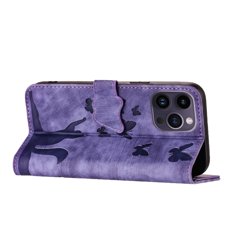 For iPhone 15 Pro Butterfly Cat Embossing Flip Leather Phone Case(Purple) - HoMEdemic™ 