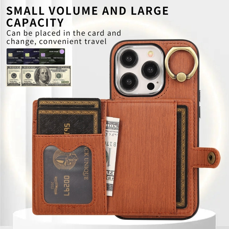 For iPhone 15 Pro Brushed Texture Wallet Ring Holder Phone Case(Brown) - HoMEdemic™ 