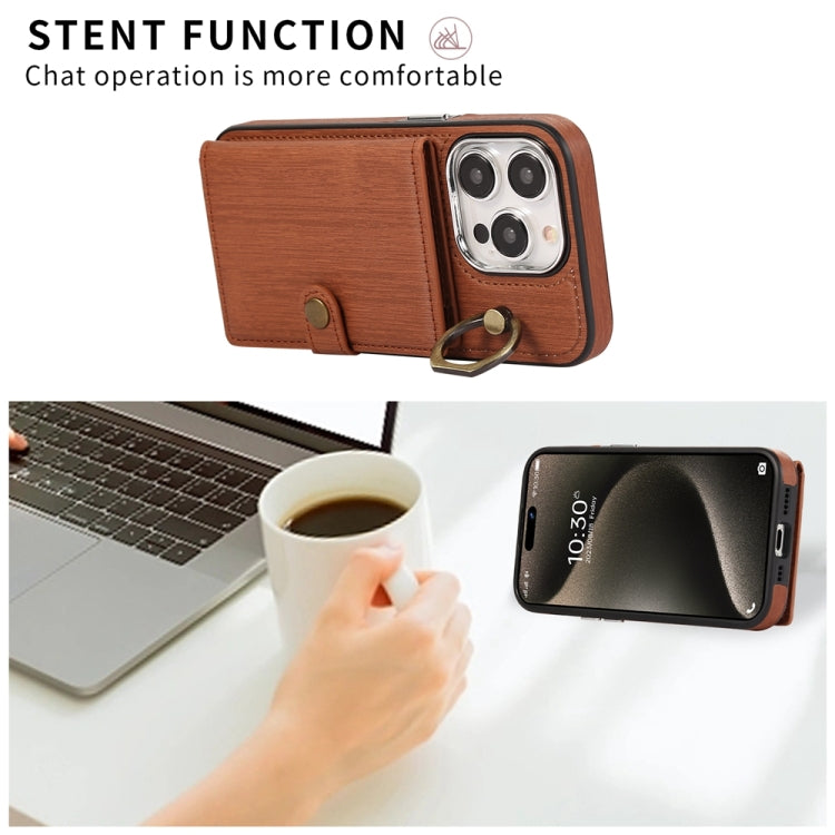 For iPhone 15 Pro Brushed Texture Wallet Ring Holder Phone Case(Brown) - HoMEdemic™ 