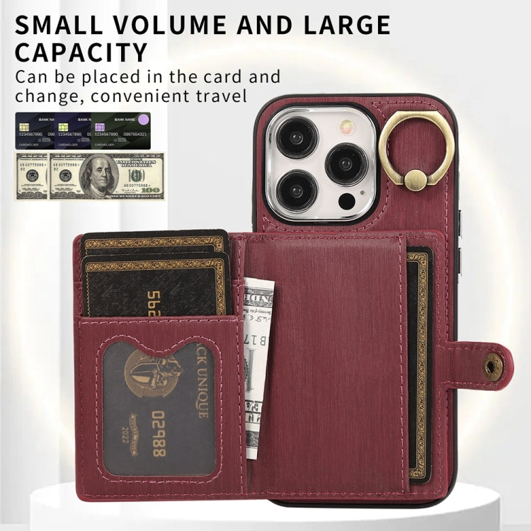 For iPhone 15 Pro Brushed Texture Wallet Ring Holder Phone Case(Wine Red) - HoMEdemic™ 