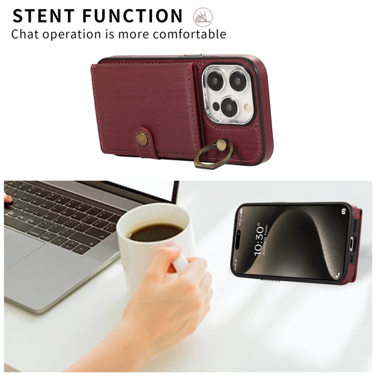 For iPhone 15 Pro Brushed Texture Wallet Ring Holder Phone Case(Wine Red) - HoMEdemic™ 