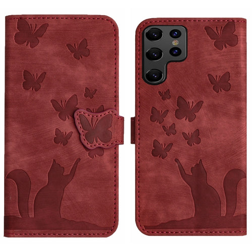 For Samsung Galaxy S24 Ultra 5G Butterfly Cat Embossing Flip Leather Phone Case(Red) - HoMEdemic™ 