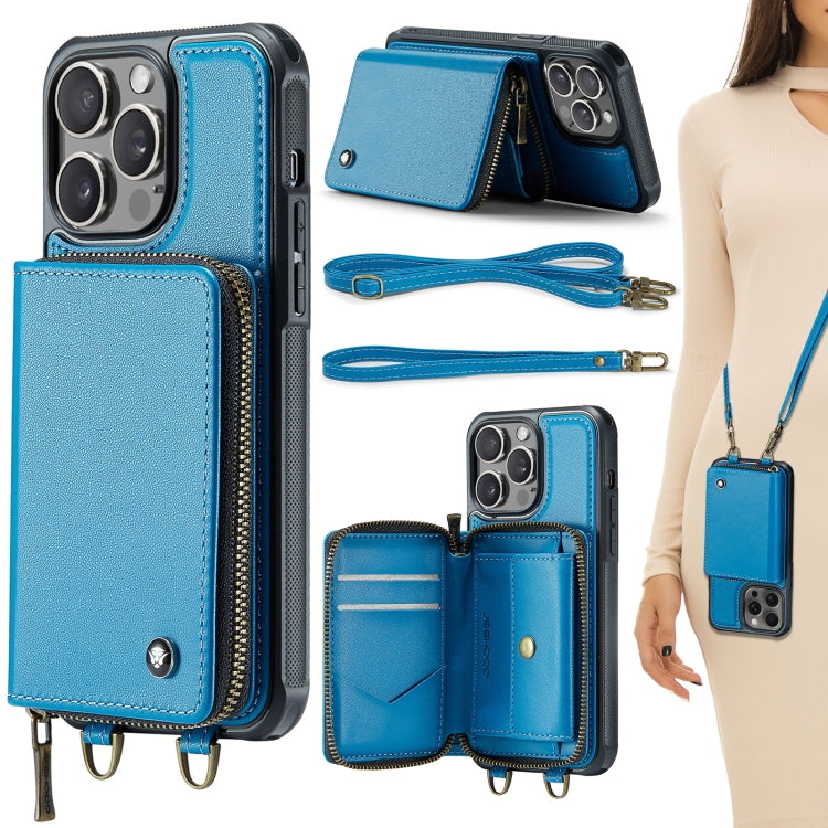 For iPhone 15 Pro Max JEEHOOD C22 Series Zipper Wallet Leather Phone Case with Dual Lanyard(Blue) - HoMEdemic™ 