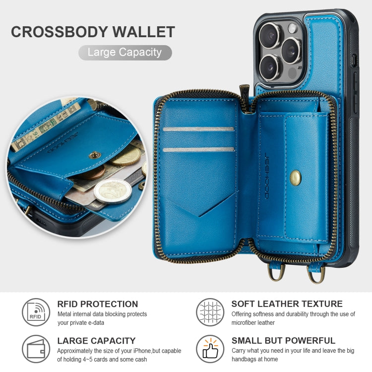 For iPhone 15 Pro Max JEEHOOD C22 Series Zipper Wallet Leather Phone Case with Dual Lanyard(Blue) - HoMEdemic™ 