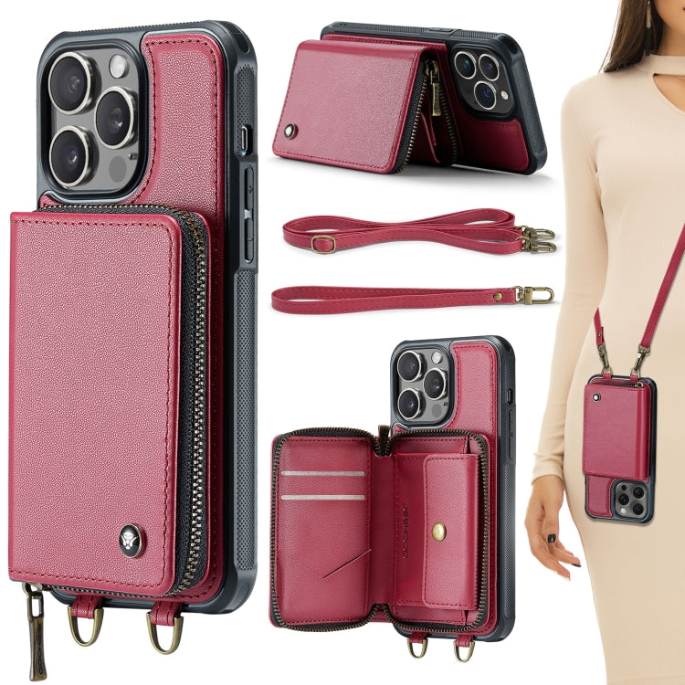 For iPhone 15 Pro Max JEEHOOD C22 Series Zipper Wallet Leather Phone Case with Dual Lanyard(Red) - HoMEdemic™ 