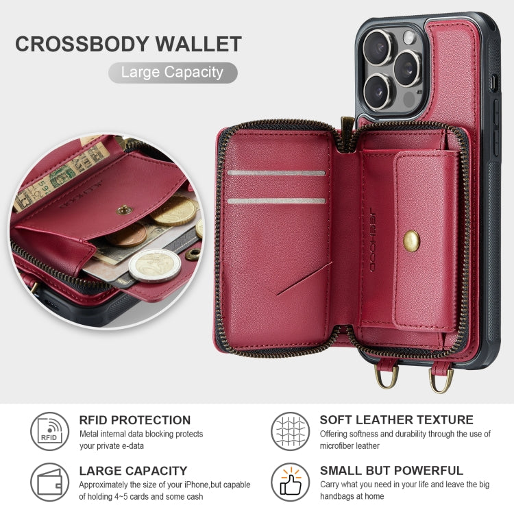 For iPhone 15 Pro Max JEEHOOD C22 Series Zipper Wallet Leather Phone Case with Dual Lanyard(Red) - HoMEdemic™ 