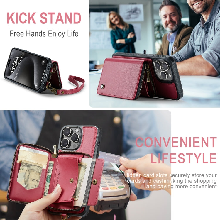For iPhone 15 Pro Max JEEHOOD C22 Series Zipper Wallet Leather Phone Case with Dual Lanyard(Red) - HoMEdemic™ 