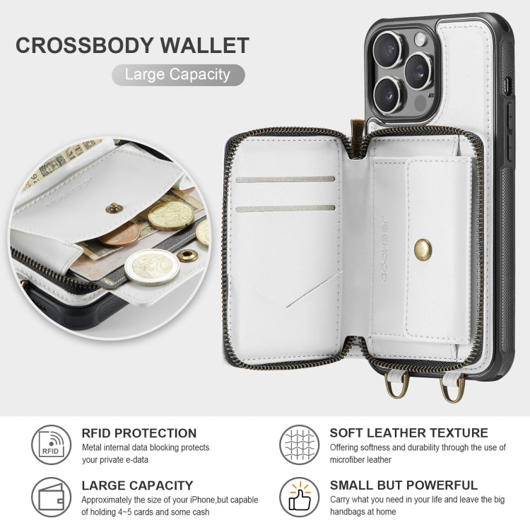 For iPhone 15 Pro Max JEEHOOD C22 Series Zipper Wallet Leather Phone Case with Dual Lanyard(White) - HoMEdemic™ 