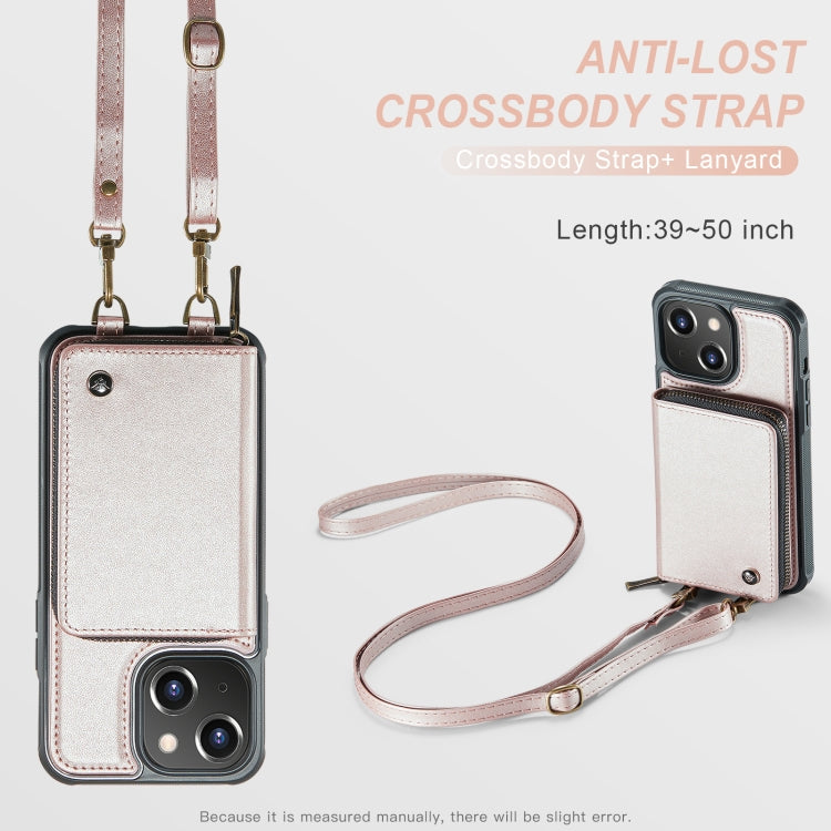 For iPhone 15 Plus JEEHOOD C22 Series Zipper Wallet Leather Phone Case with Dual Lanyard(Rose Gold) - HoMEdemic™ 