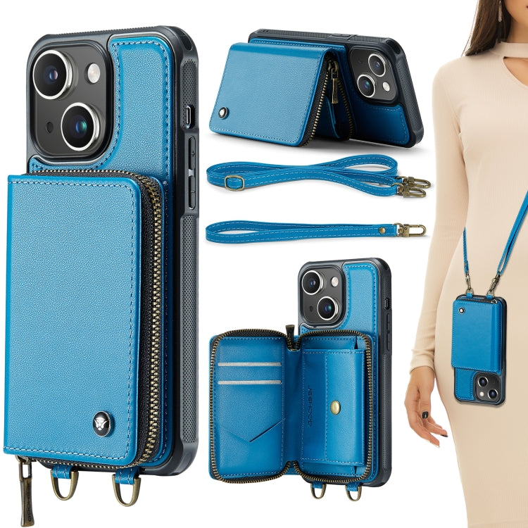For iPhone 15 JEEHOOD C22 Series Zipper Wallet Leather Phone Case with Dual Lanyard(Blue) - HoMEdemic™ 