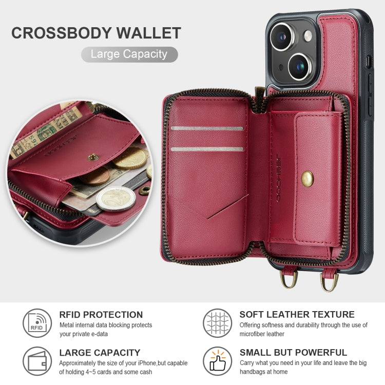For iPhone 15 JEEHOOD C22 Series Zipper Wallet Leather Phone Case with Dual Lanyard(Red) - HoMEdemic™ 