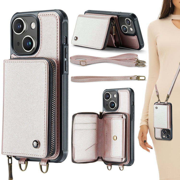 For iPhone 15 JEEHOOD C22 Series Zipper Wallet Leather Phone Case with Dual Lanyard(Rose Gold) - HoMEdemic™ 
