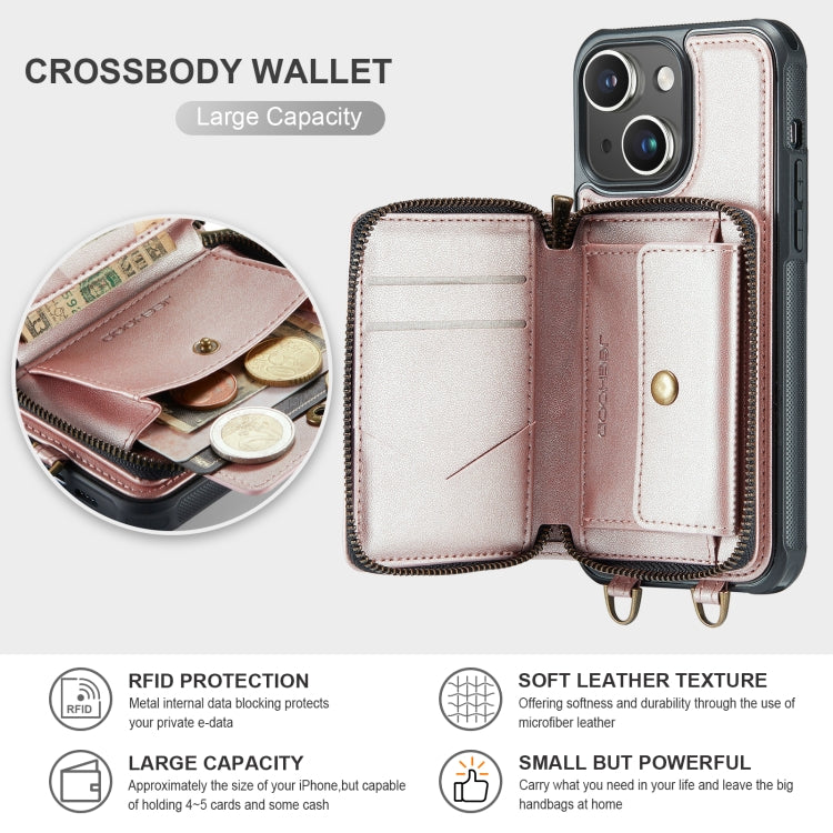 For iPhone 15 JEEHOOD C22 Series Zipper Wallet Leather Phone Case with Dual Lanyard(Rose Gold) - HoMEdemic™ 