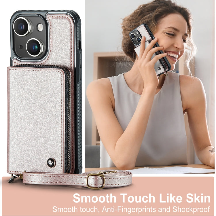 For iPhone 15 JEEHOOD C22 Series Zipper Wallet Leather Phone Case with Dual Lanyard(Rose Gold) - HoMEdemic™ 