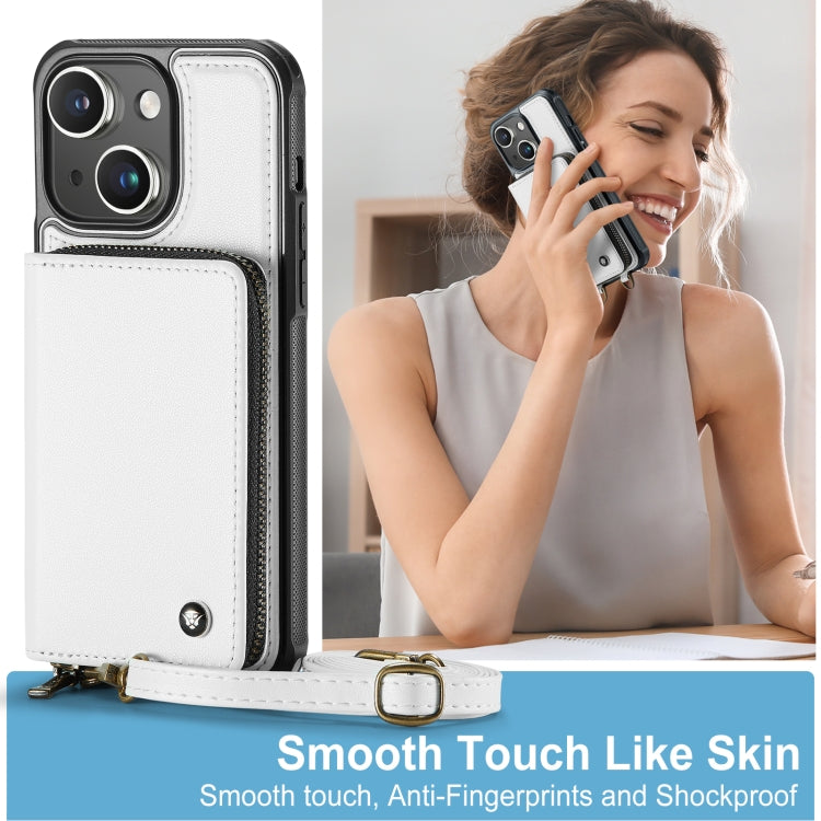 For iPhone 15 JEEHOOD C22 Series Zipper Wallet Leather Phone Case with Dual Lanyard(White) - HoMEdemic™ 