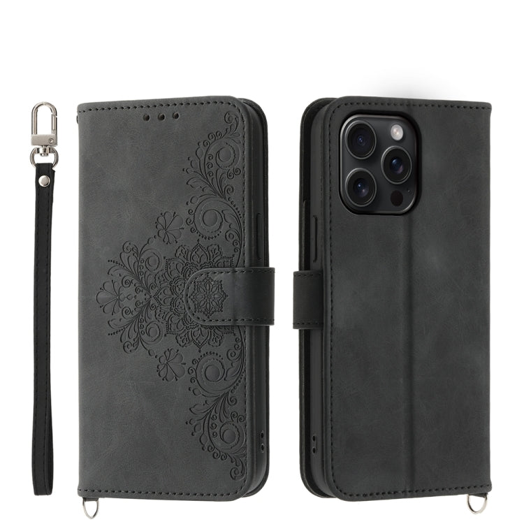 For iPhone 15 Pro Max Skin-feel Flowers Embossed Wallet Leather Phone Case(Black) - HoMEdemic™ 