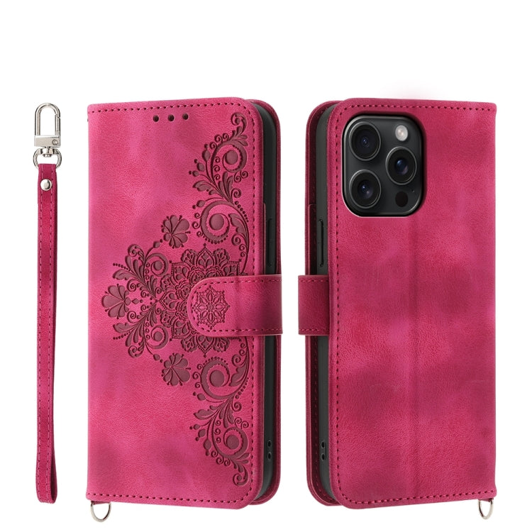 For iPhone 15 Pro Max Skin-feel Flowers Embossed Wallet Leather Phone Case(Wine Red) - HoMEdemic™ 