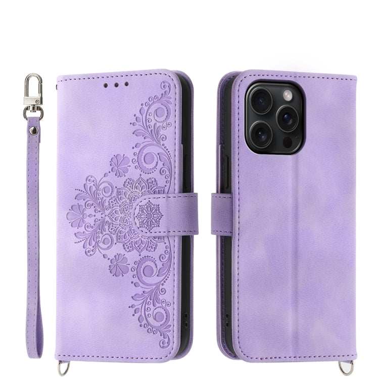 For iPhone 15 Pro Max Skin-feel Flowers Embossed Wallet Leather Phone Case(Purple) - HoMEdemic™ 
