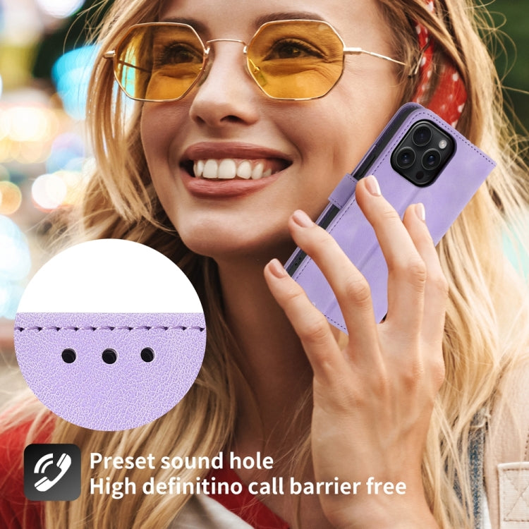 For iPhone 15 Pro Max Skin-feel Flowers Embossed Wallet Leather Phone Case(Purple) - HoMEdemic™ 