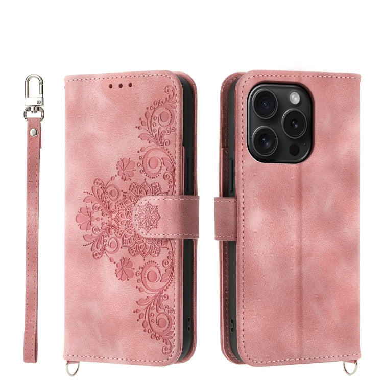 For iPhone 15 Pro Skin-feel Flowers Embossed Wallet Leather Phone Case(Pink) - HoMEdemic™ 