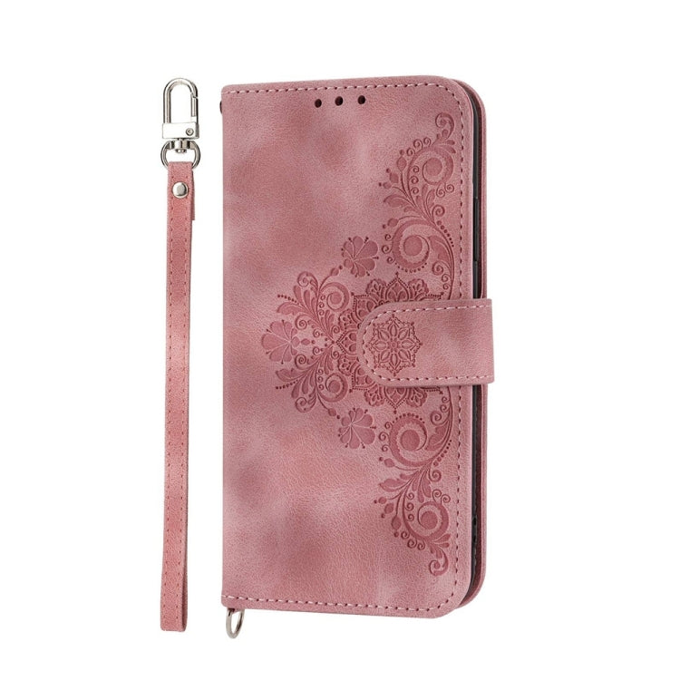 For iPhone 15 Pro Skin-feel Flowers Embossed Wallet Leather Phone Case(Pink) - HoMEdemic™ 
