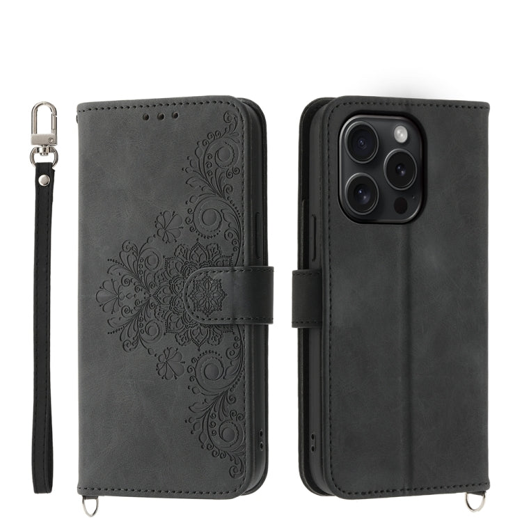 For iPhone 15 Pro Skin-feel Flowers Embossed Wallet Leather Phone Case(Black) - HoMEdemic™ 