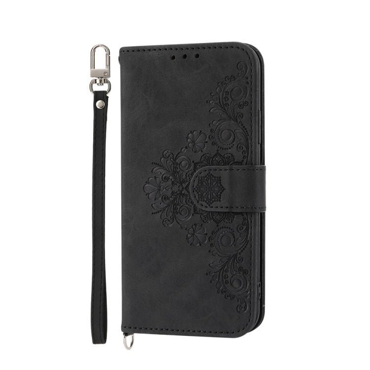 For iPhone 15 Pro Skin-feel Flowers Embossed Wallet Leather Phone Case(Black) - HoMEdemic™ 