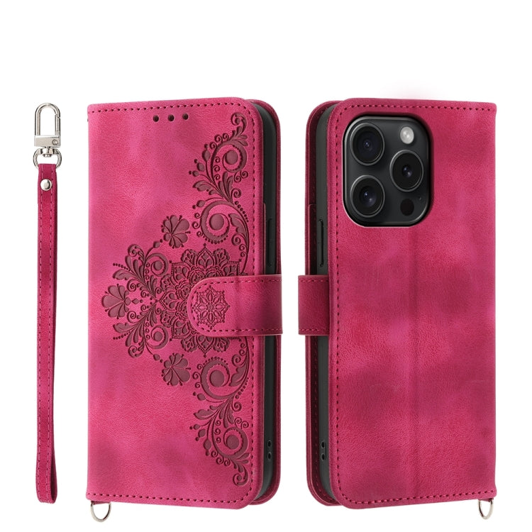 For iPhone 15 Pro Skin-feel Flowers Embossed Wallet Leather Phone Case(Wine Red) - HoMEdemic™ 