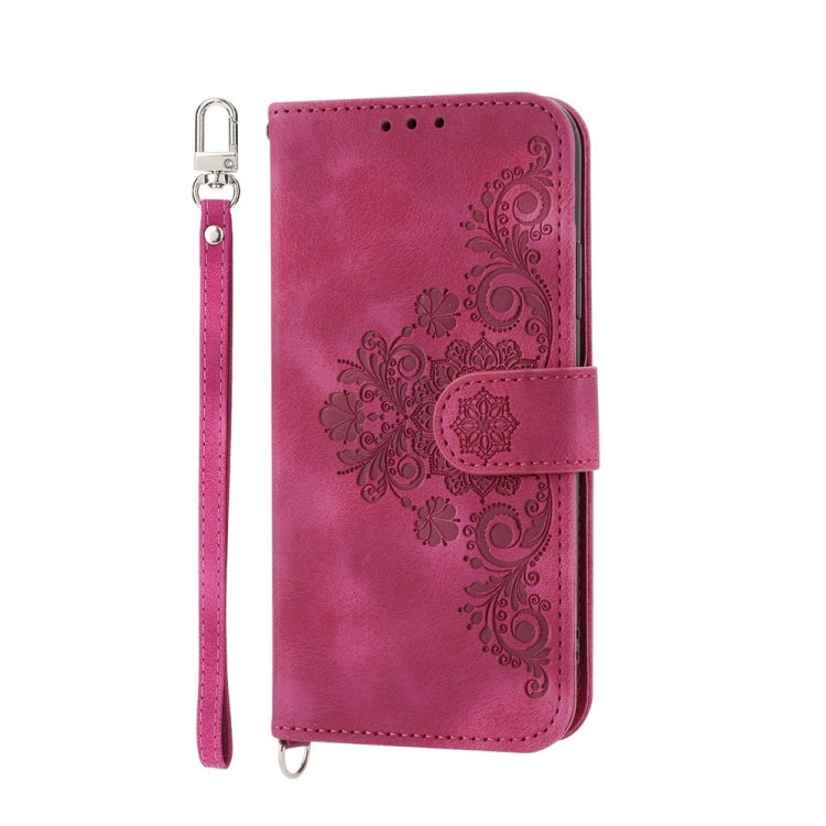 For iPhone 15 Pro Skin-feel Flowers Embossed Wallet Leather Phone Case(Wine Red) - HoMEdemic™ 