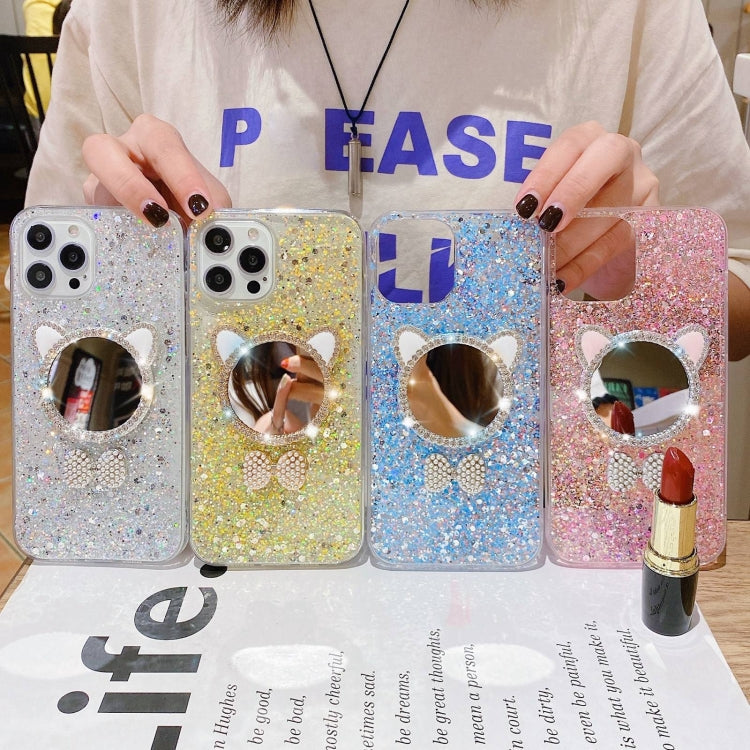 For iPhone 15 Pro Starry Sequin Diamond Cat Ears Mirror Epoxy TPU Phone Case(Yellow) - HoMEdemic™ 
