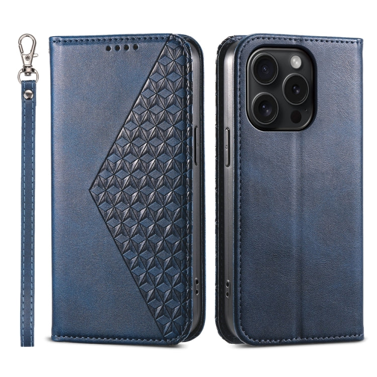 For iPhone 15 Pro Cubic Grid Calf Texture Magnetic Leather Phone Case(Blue) - HoMEdemic™ 