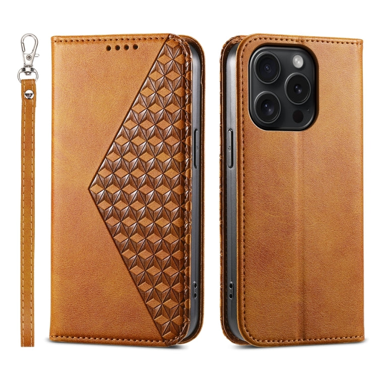 For iPhone 15 Pro Cubic Grid Calf Texture Magnetic Leather Phone Case(Yellow) - HoMEdemic™ 